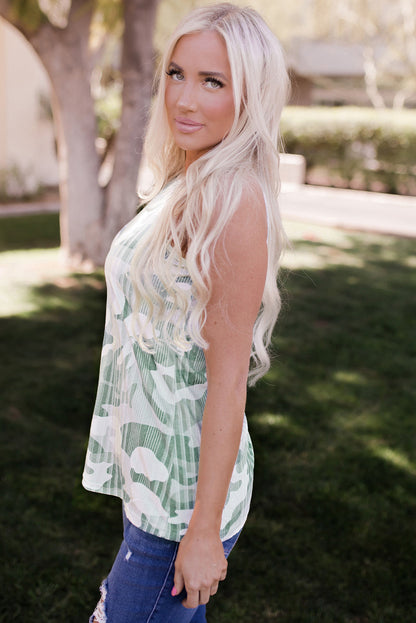 Green camo tank top from Harlequin Daisy, bath and beauty product with a casual sleeveless design and camouflage pattern.
