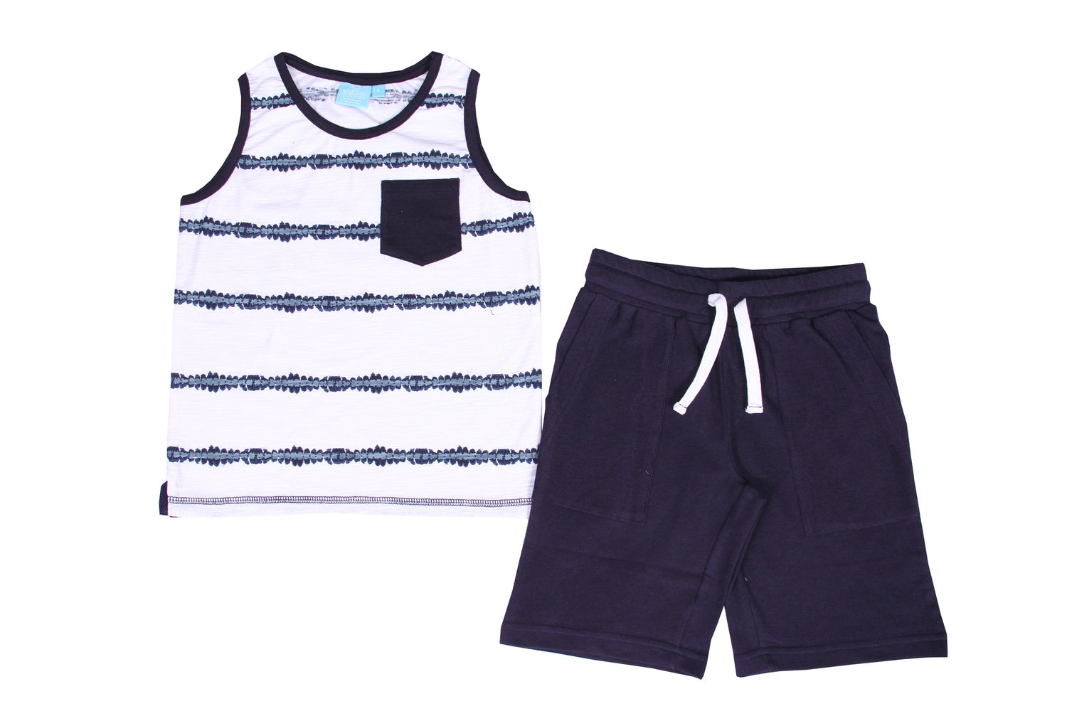 White Tyler 2-piece boy clothing set by Cyan Lily, featuring a comfortable top and matching shorts on a child model.