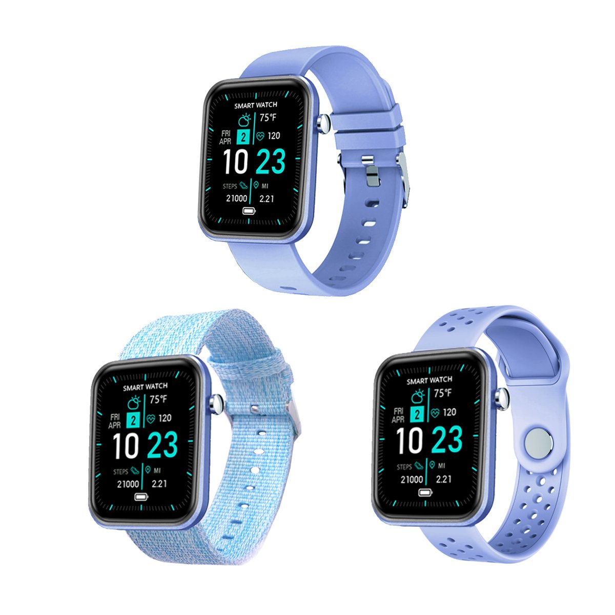 Salmon Lucky advanced smartwatch with three interchangeable bands and wellness activity tracker, shown with digital display.