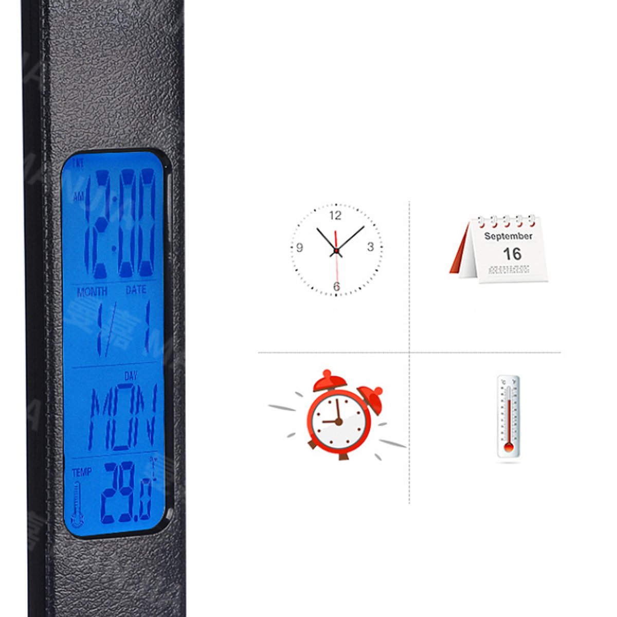 Salmon Lucky 3-in-1 lamp with phone charger, digital clock, and thermostat features, shown on a modern desk setup.