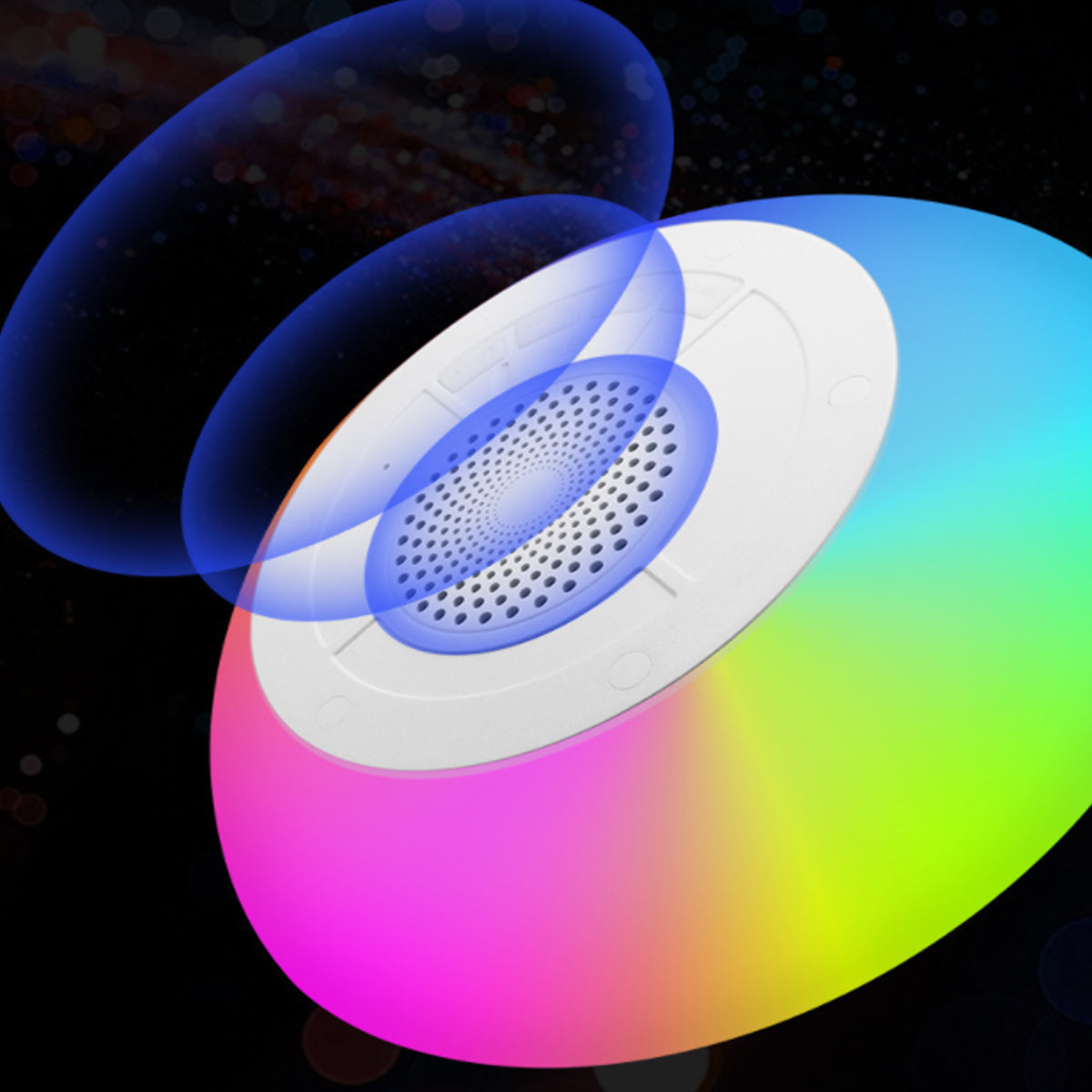 Salmon Lucky Floatilla Bluetooth waterproof LED pool speaker floating in water with colorful lights and control buttons visible.