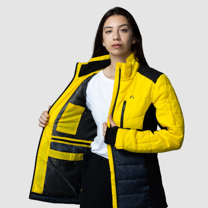 Women’s yellow EcoDown activewear jacket by Rose Hemera, lightweight and insulated outdoor jacket with a sporty fit.