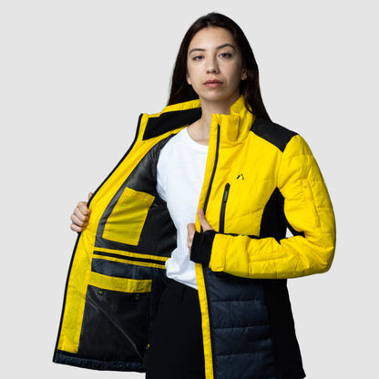 Women’s yellow EcoDown activewear jacket by Rose Hemera, lightweight and insulated outdoor jacket with a sporty fit.