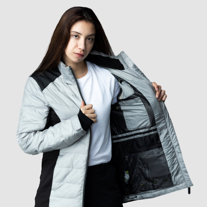 Women’s gray EcoDown jacket by Rose Hemera, activewear, featuring a lightweight, insulated design with a hood and sporty fit.