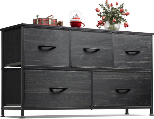 Charcoal black wood grain dresser by Peach Maple with five drawers and fabric bins, showcasing a modern bedroom furniture piece.