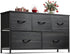 Charcoal black wood grain dresser by Peach Maple with five drawers and fabric bins, showcasing a modern bedroom furniture piece.