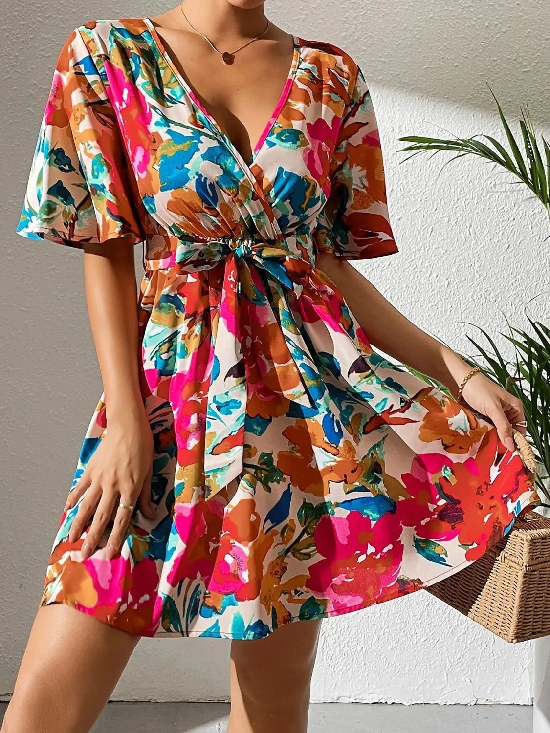 Printed surplice short sleeve mini dress by Ruby Styx, women&