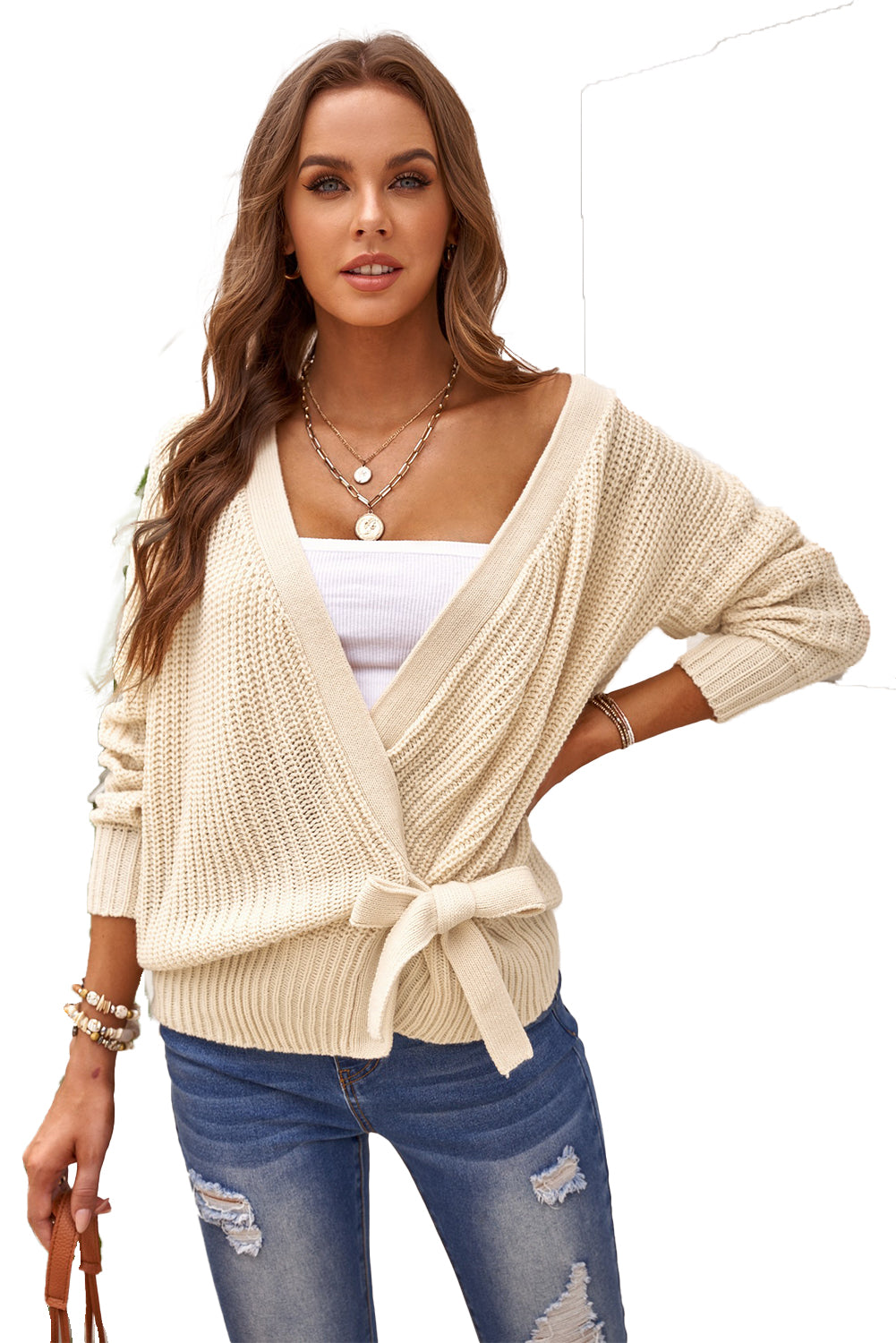 Beige wrap V-neck sweater with side tie, casual bath and beauty fashion by Harlequin Daisy, featuring soft knit fabric and stylish design.