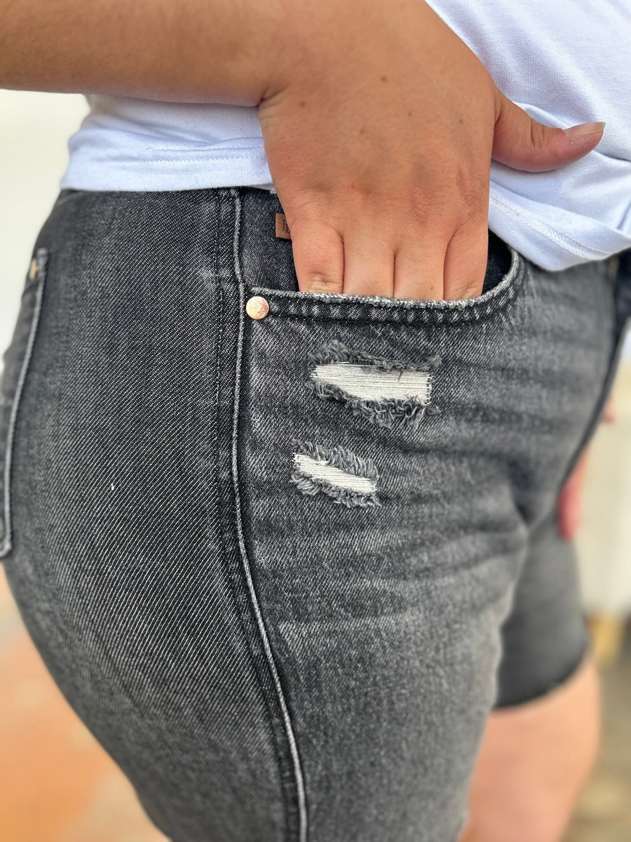 Judy Blue high waist rigid denim shorts for women, full size, with a stylish cut and classic blue wash, by Jade Icarus.