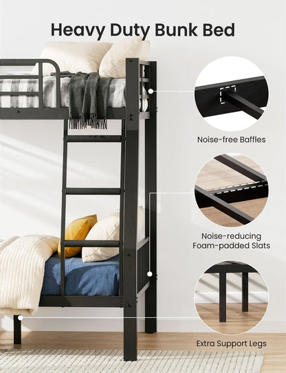 Full XL Over Queen Bunk Bed Black Heavy Duty Steel Frame