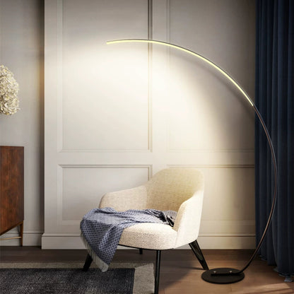 Modern RGBW curved floor lamp by Sangria Apricot, featuring sleek design and adjustable lighting for stylish home decor.