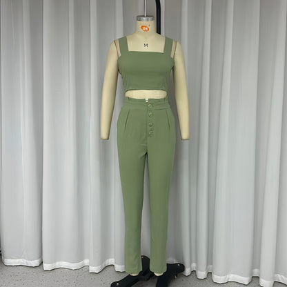 Carmine Juneberry matching set with short crop-top and high-waist trousers, spaghetti straps, two-piece outfit, stylish and trendy.