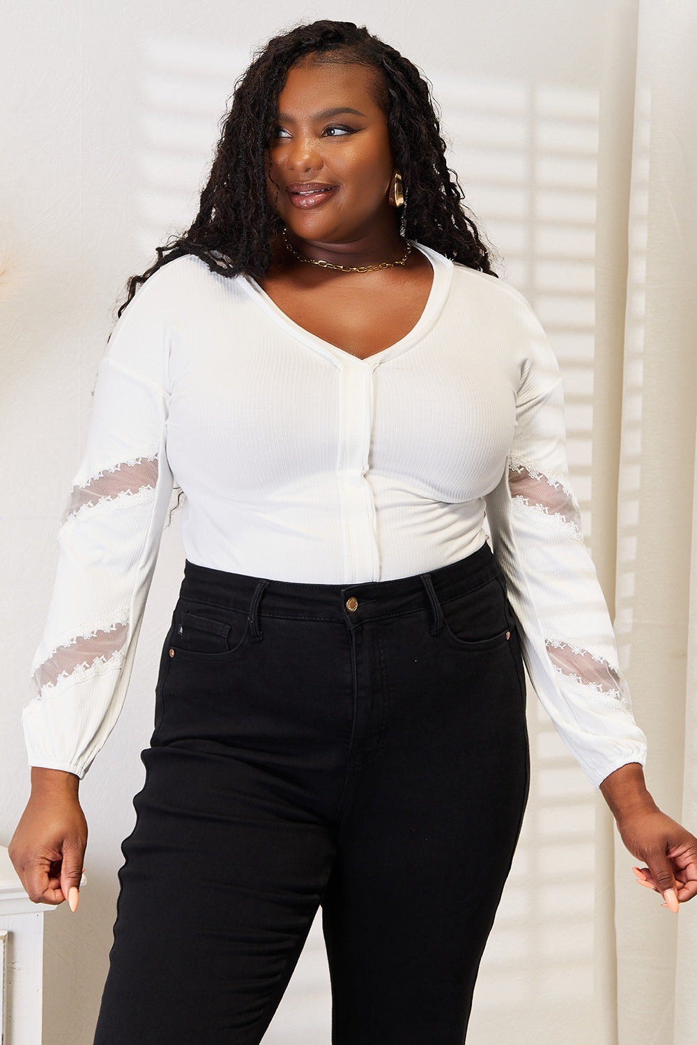 Pear Daisy Double Take V-Neck Dropped Shoulder Blouse, stylish home and garden-inspired top with a relaxed fit and soft fabric.