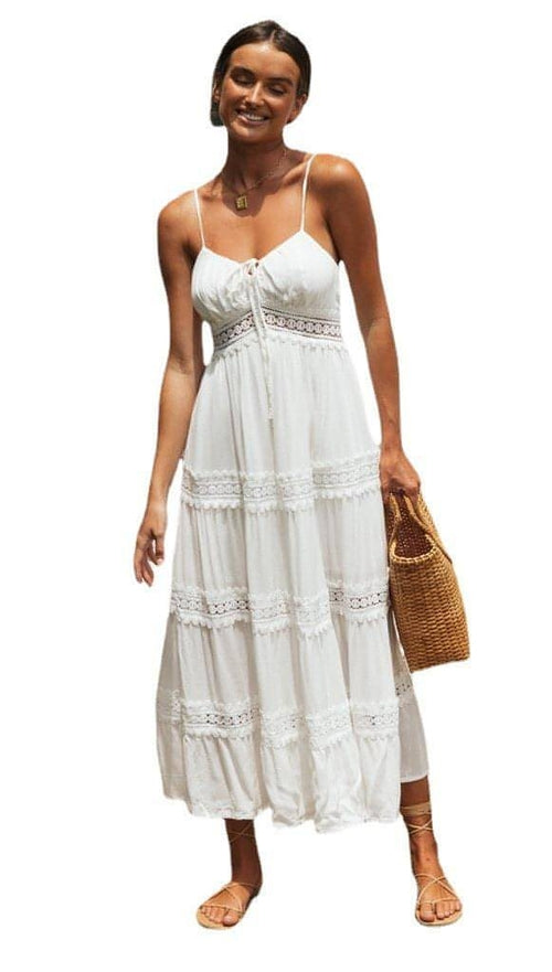 Carmine Juneberry boho sling dress with lace panel and swing skirt, featuring a flowy, relaxed fit and bohemian style.
