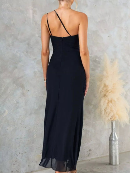 Elegant Jade Iapetus one-shoulder ruffle slit dress featuring flowing fabric and stylish design, perfect for special occasions.