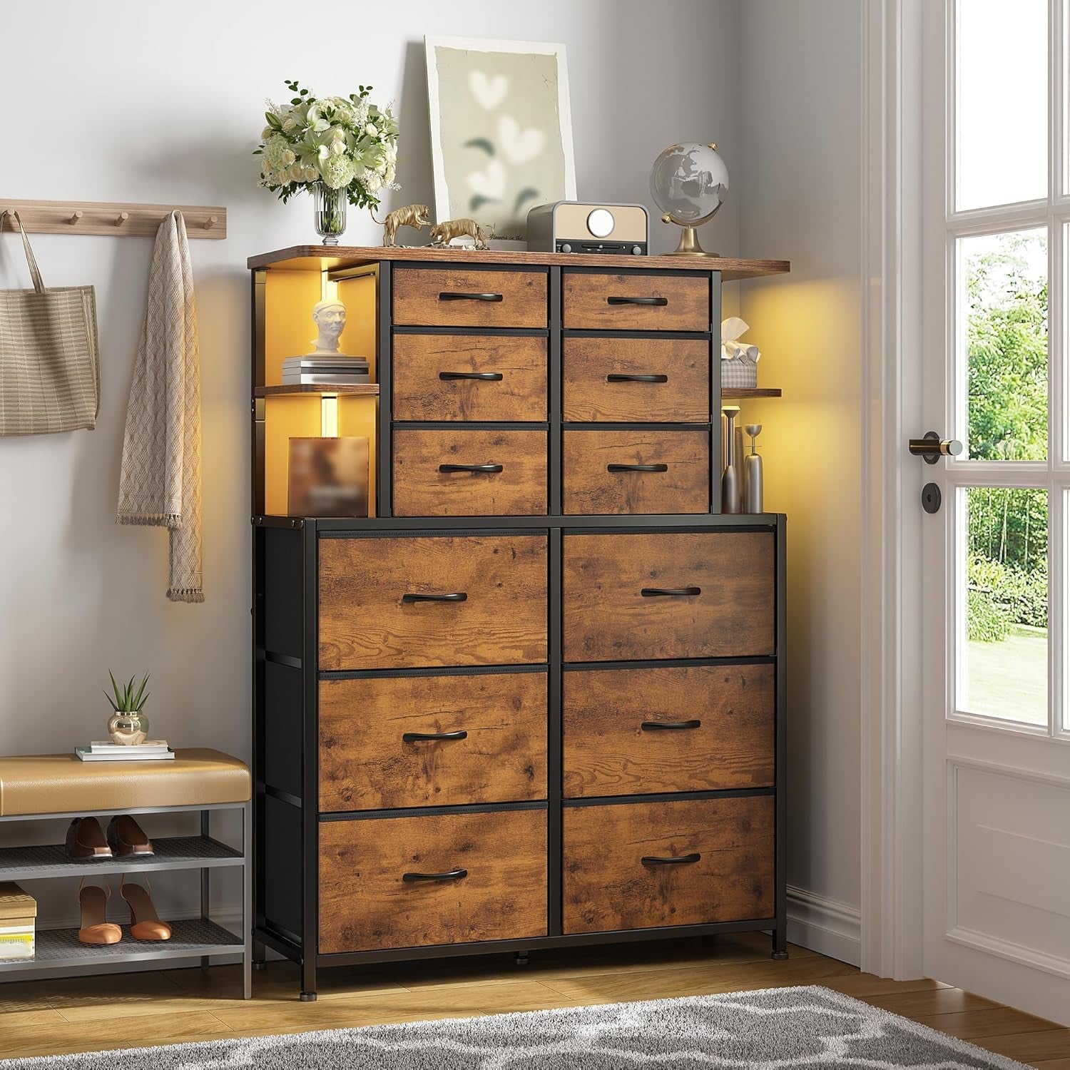 Rustic brown bedroom dresser with 12 drawers and integrated LED lights, made by Peach Maple furniture.