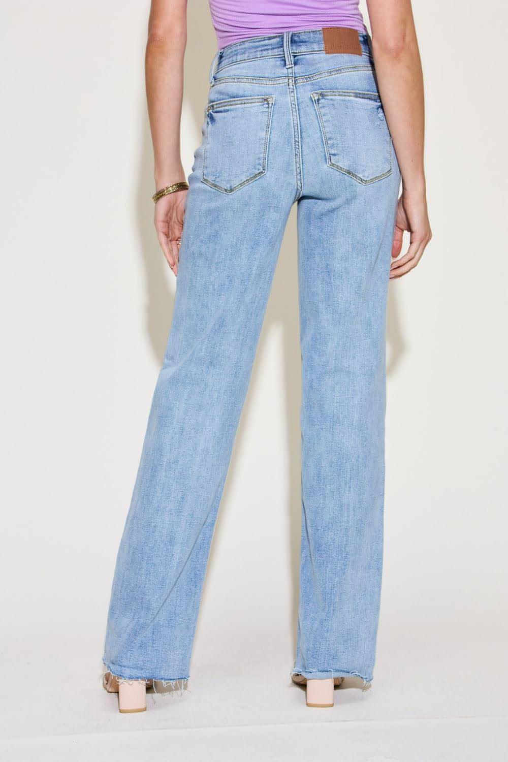 Carmine Juneberry Judy Blue full-size straight jeans with V-front waistband, denim fabric, and classic five-pocket design.