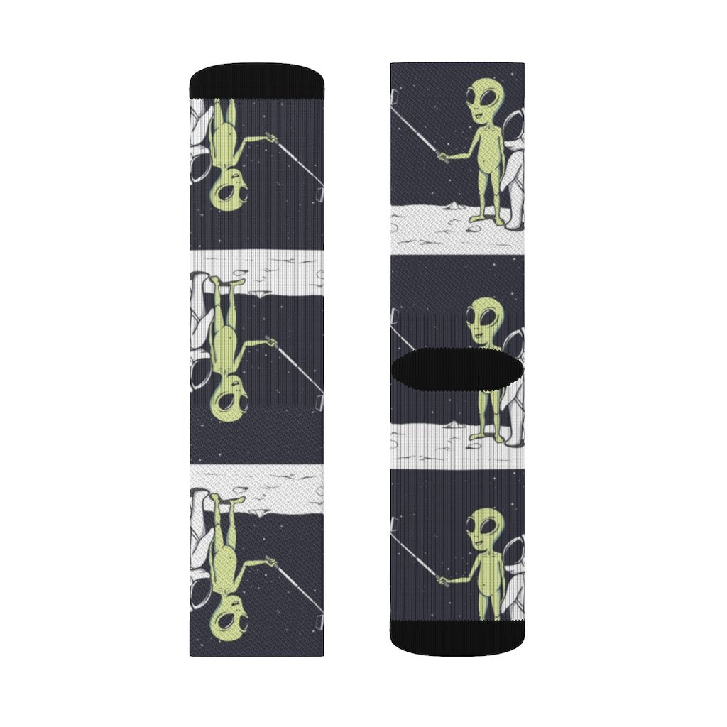 Yellow Pandora Funny Alien Selfie Socks featuring playful alien characters and vibrant colors, perfect for quirky casual wear.