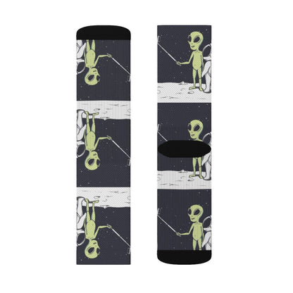 Yellow Pandora Funny Alien Selfie Socks featuring playful alien characters and vibrant colors, perfect for quirky casual wear.