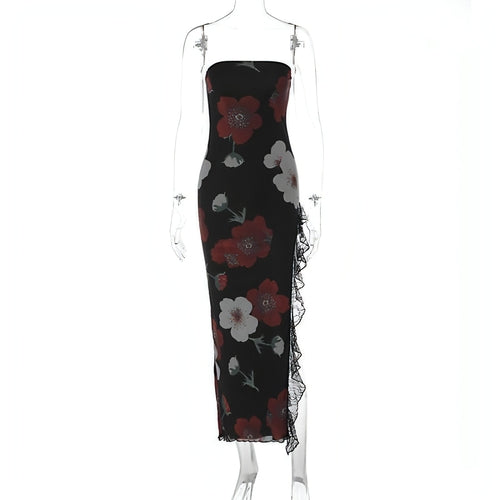 Carmine Juneberry printed lace stitching wrapped chest dress with elegant design and fitted waist, perfect for stylish occasions.