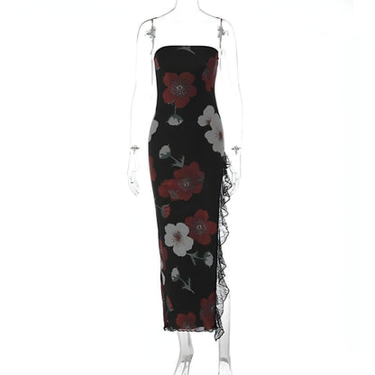 Carmine Juneberry printed lace stitching wrapped chest dress with elegant design and fitted waist, perfect for stylish occasions.