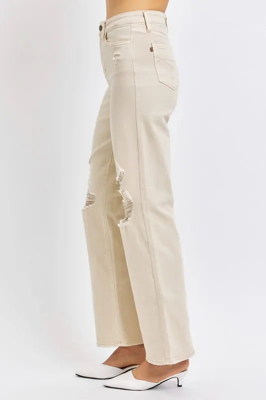 Pear Daisy Judy Blue high waist distressed wide leg jeans, full size, with ripped details and a relaxed fit.