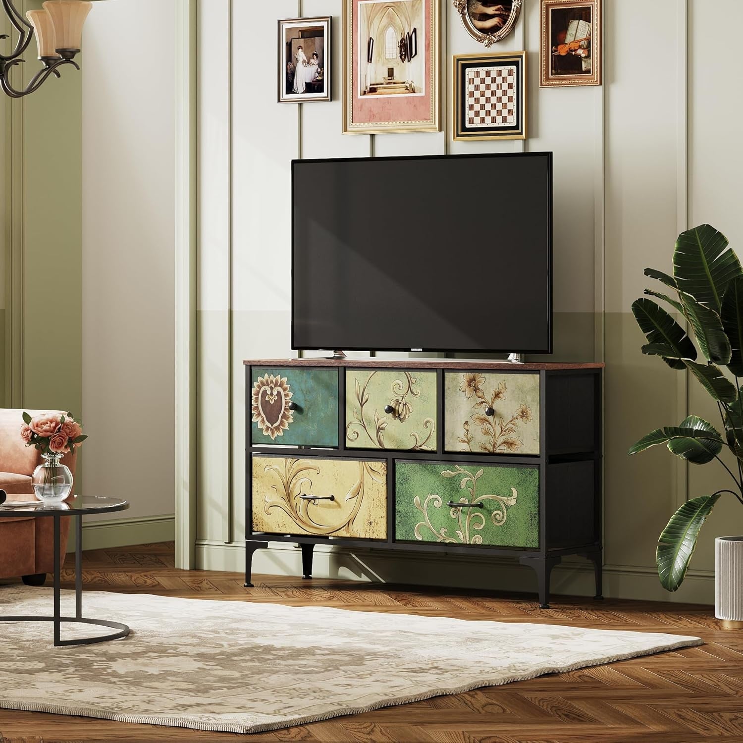 Peach Maple floral painted dresser with five drawers and fabric bins, stylish furniture storage solution in a vibrant design.