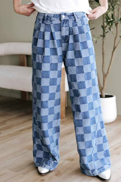Dusk blue checkered denim wide leg jeans for women by Ruby Styx, featuring a relaxed fit and stylish checkered pattern.