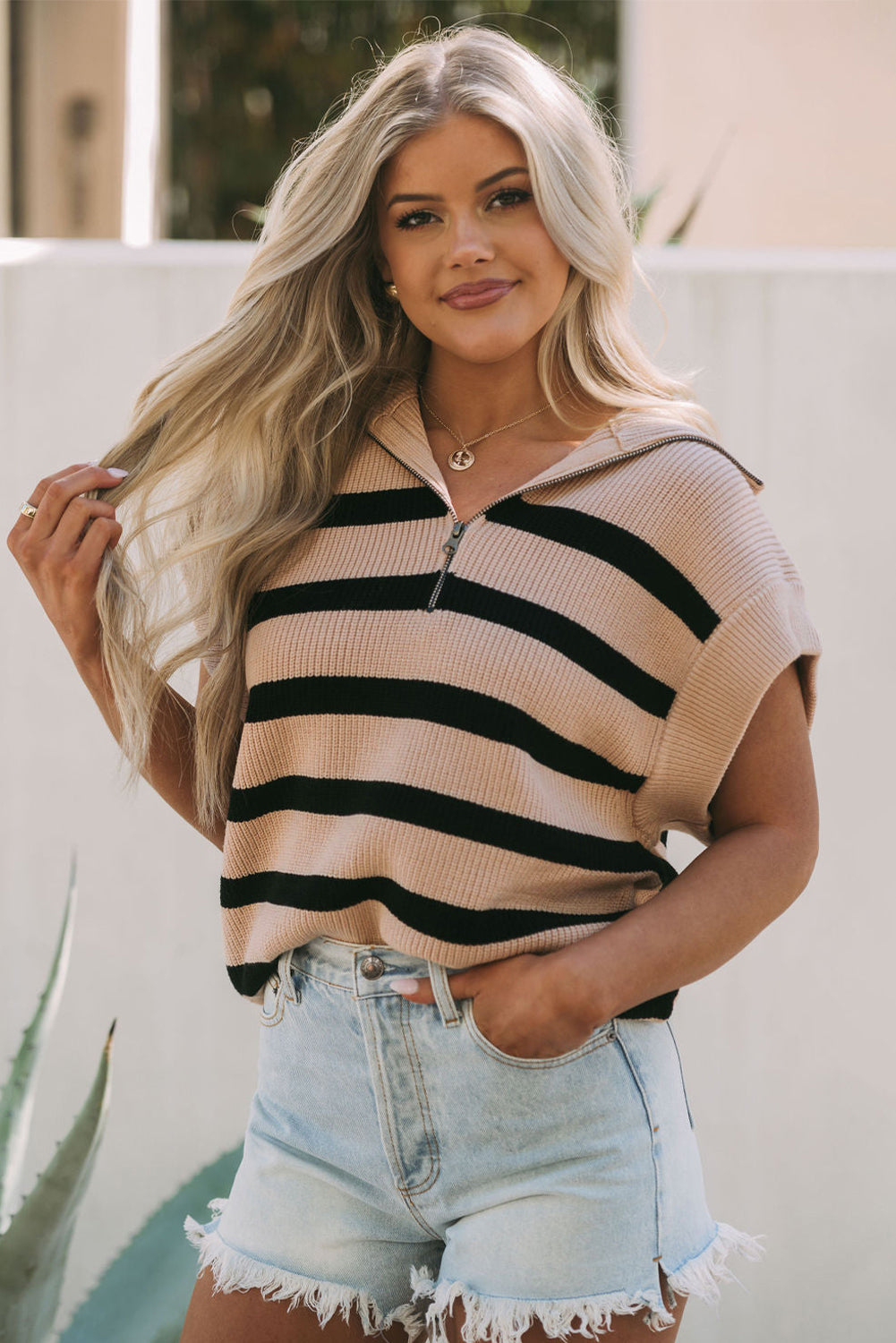 Harlequin Daisy khaki stripe short sleeve sweater with zippered collar, casual bath and beauty apparel, close-up of fabric and design