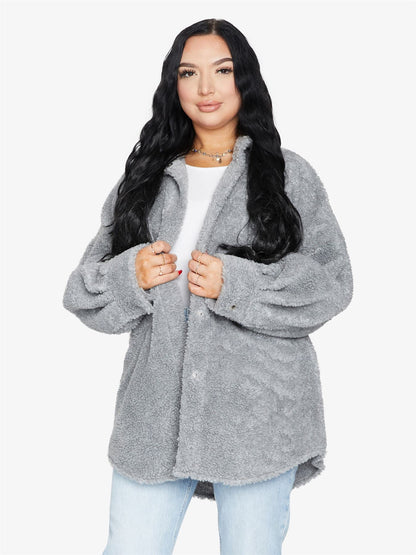 Rose Eleusis oversized patch pocket borg teddy shacket, cozy jackets and coats with a soft, textured fleece design and relaxed fit.