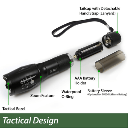 Black Lavender EcoGear FX TK120 LED tactical flashlight with strobe mode, designed for camping and outdoor use, shown with its beam.