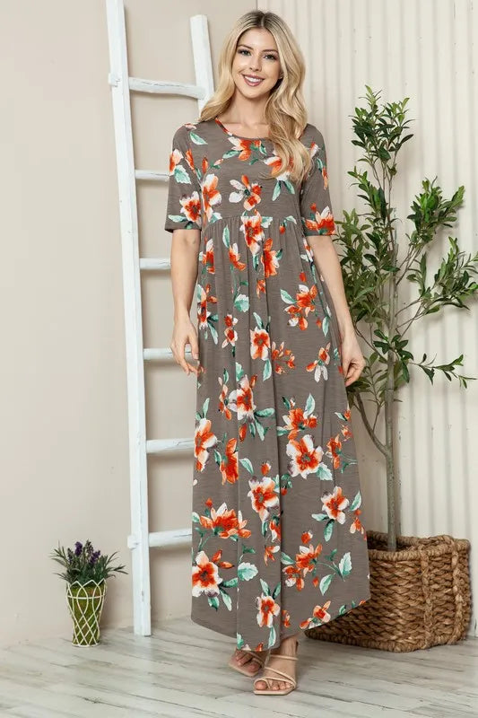 Jade Icarus BOMBOM floral round neck short sleeve maxi tee dress for women, featuring a vibrant floral pattern and casual fit.