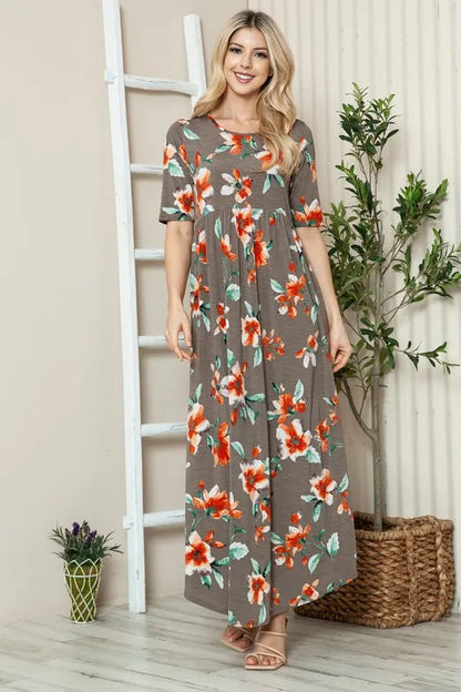 Jade Icarus BOMBOM floral round neck short sleeve maxi tee dress for women, featuring a vibrant floral pattern and casual fit.