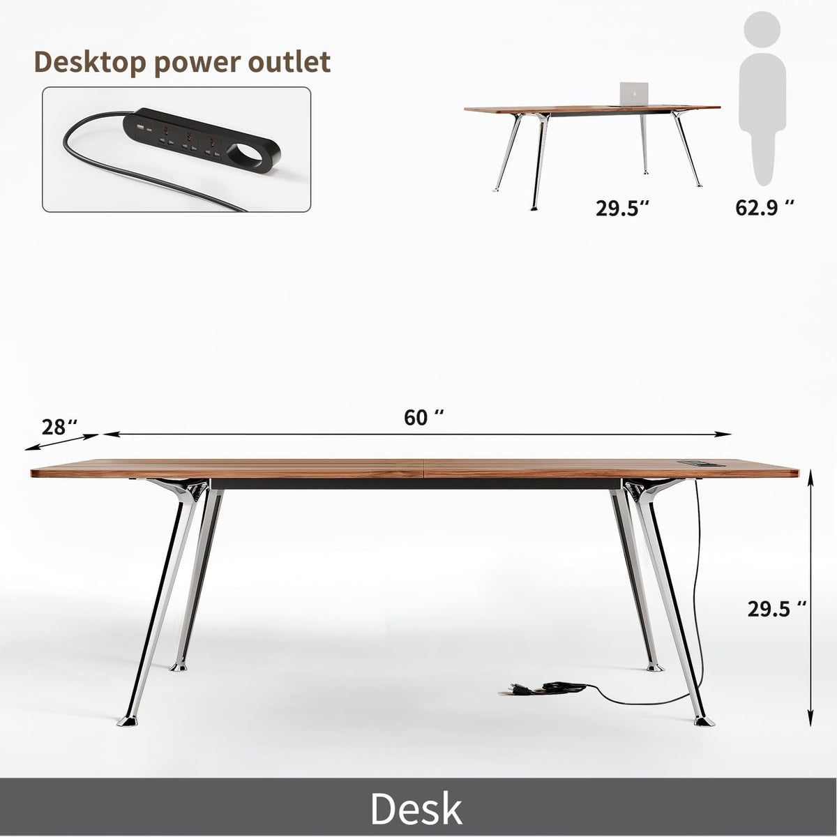 60 Inch Writing Computer Desk With Chrome Legs And Built In Power Outlet