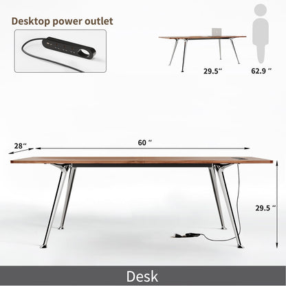 60 Inch Writing Computer Desk With Chrome Legs And Built In Power Outlet