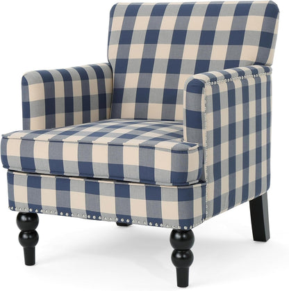 Luxurious Upholstered Blue Checkerboard Club Chair