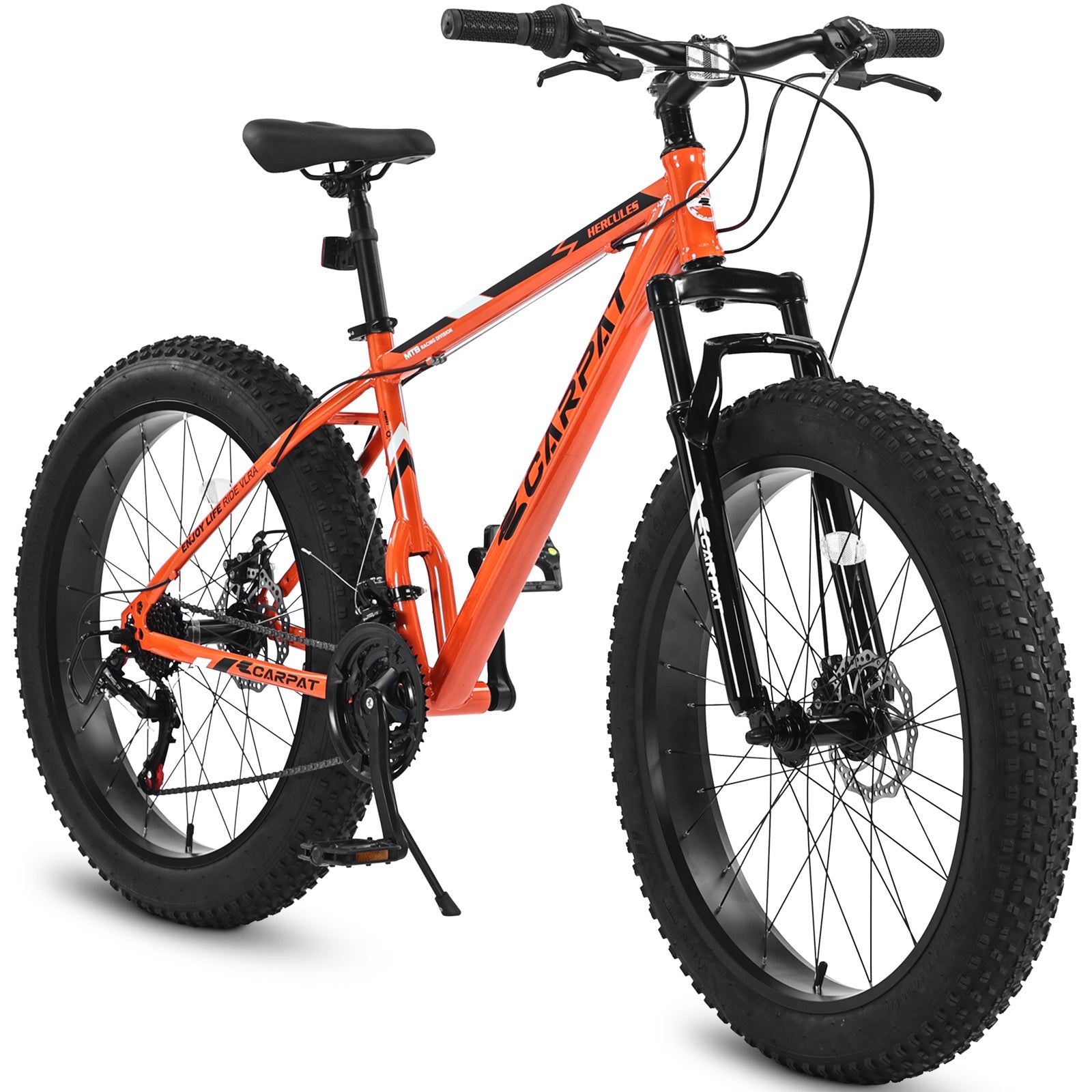 Carmine Juneberry TerraForce City-Cruizer 26-inch fat tire mountain bike with 21-speed gears and full suspension.