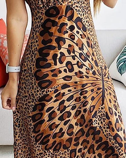 Leopard print butterfly design dress for ladies by Pear Daisy, featuring strap style, suitable for home and garden wear.