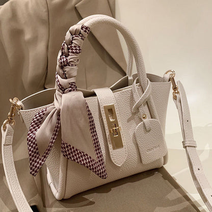 Carmine Juneberry CityEdit™ Litchi Luxe Tote with scarf handle, stylish tote bag with textured litchi pattern and elegant scarf detail