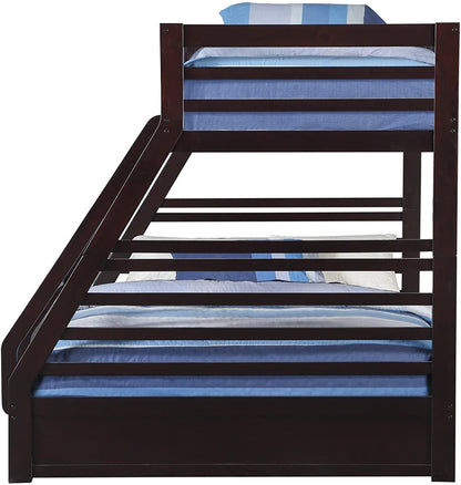 Espresso finish XL twin over queen bunk bed with built-in drawers by Peach Maple, showcasing sturdy wood construction and storage options.