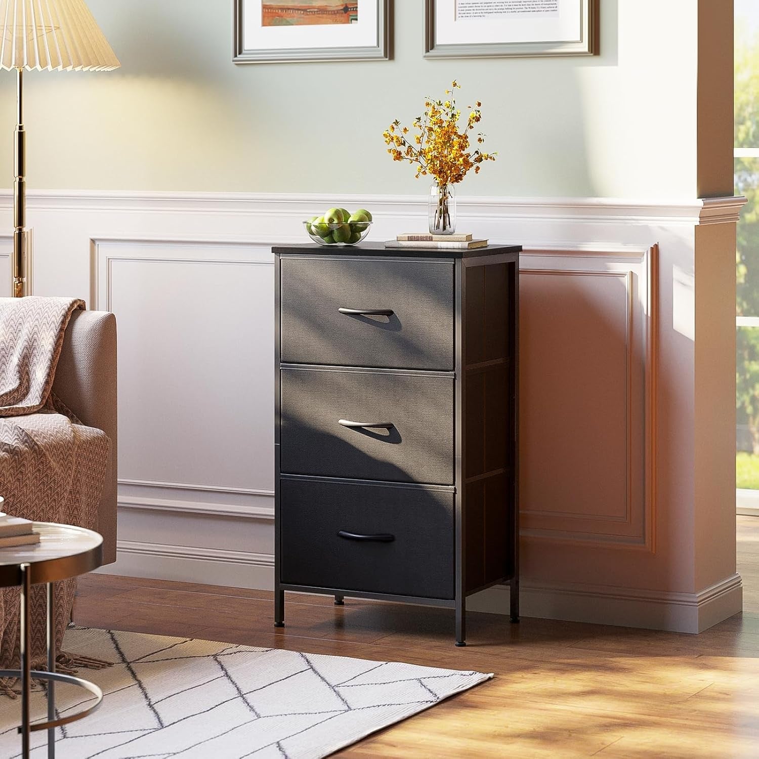 Black Peach Maple 3-drawer bedroom dresser nightstand with compact design and sleek furniture style.
