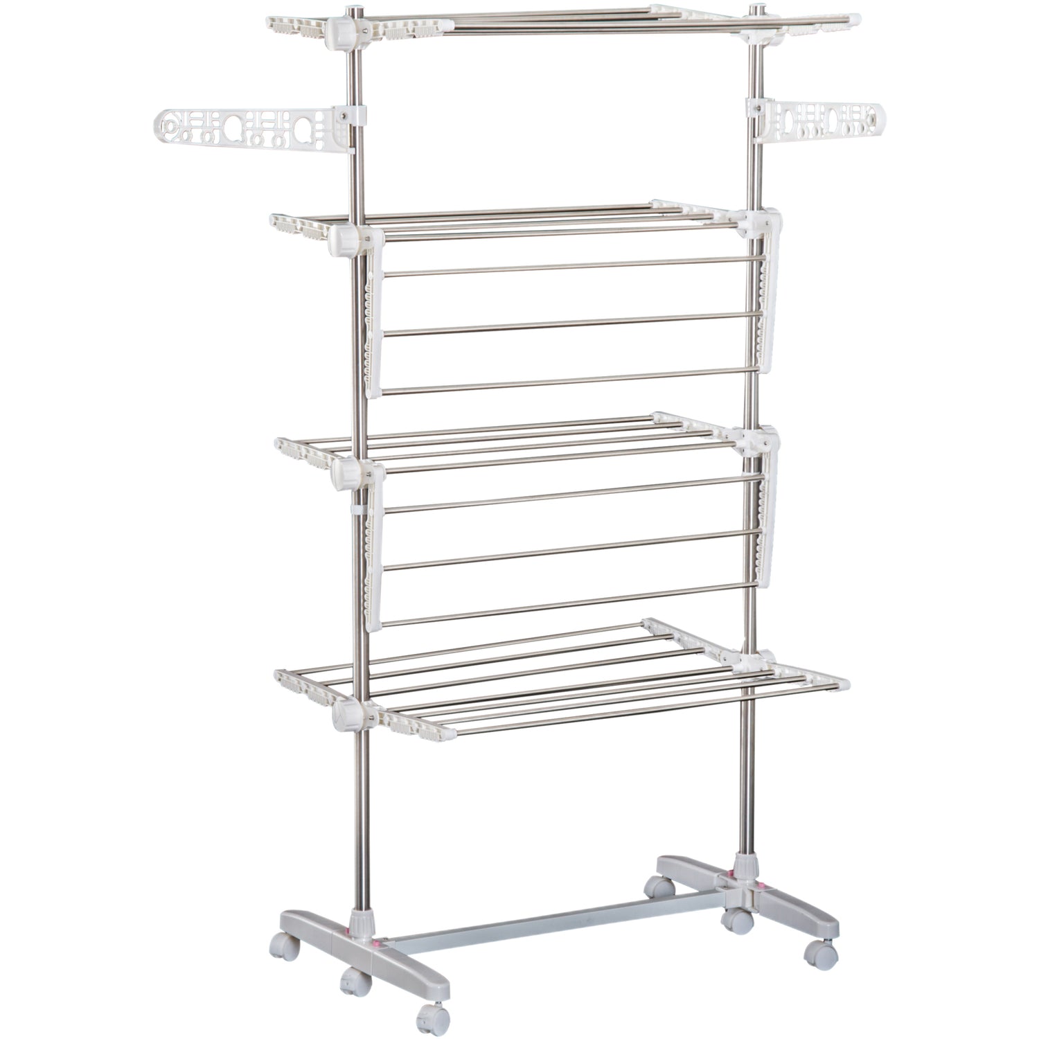 Taupe Shadow HOMCOM 4-layer folding laundry rack with drying and towel storage stand in a home and garden setting.