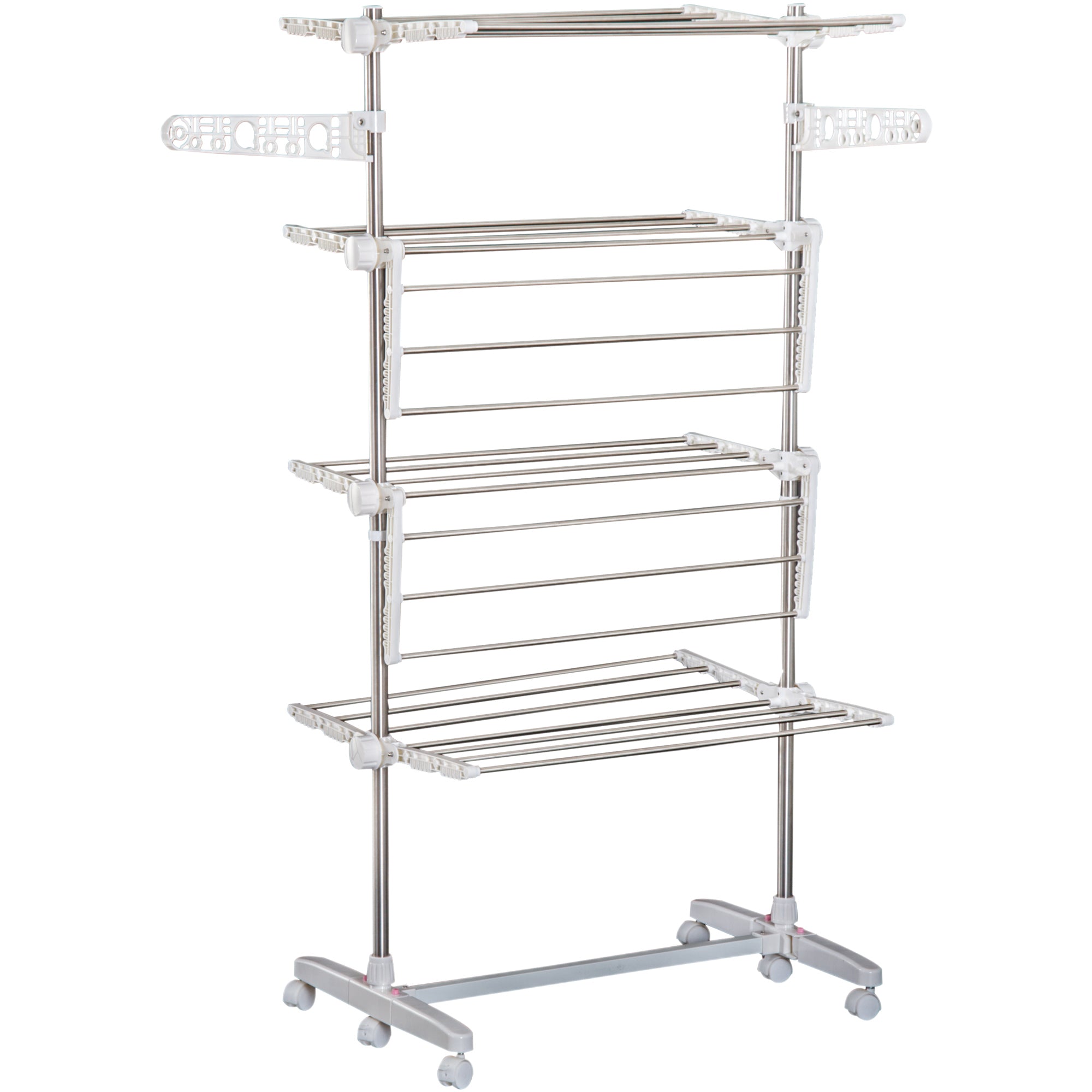 Taupe Shadow HOMCOM 4-layer folding laundry rack with drying and towel storage stand in a home and garden setting.