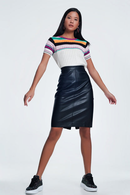 Black faux leather pencil skirt for women by Erin Theia, fitted style with sleek, smooth texture and high waist design.