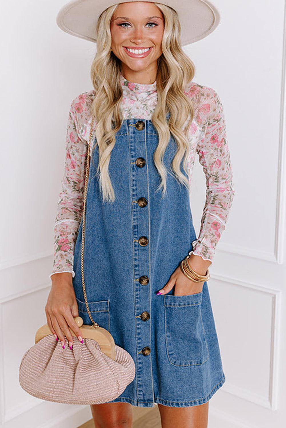 Dusk blue wide strap denim mini dress with button front and front pocket by Carmine Juneberry, casual summer dress.
