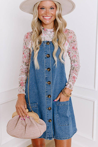 Dusk blue wide strap denim mini dress with button front and front pocket by Carmine Juneberry, casual summer dress.