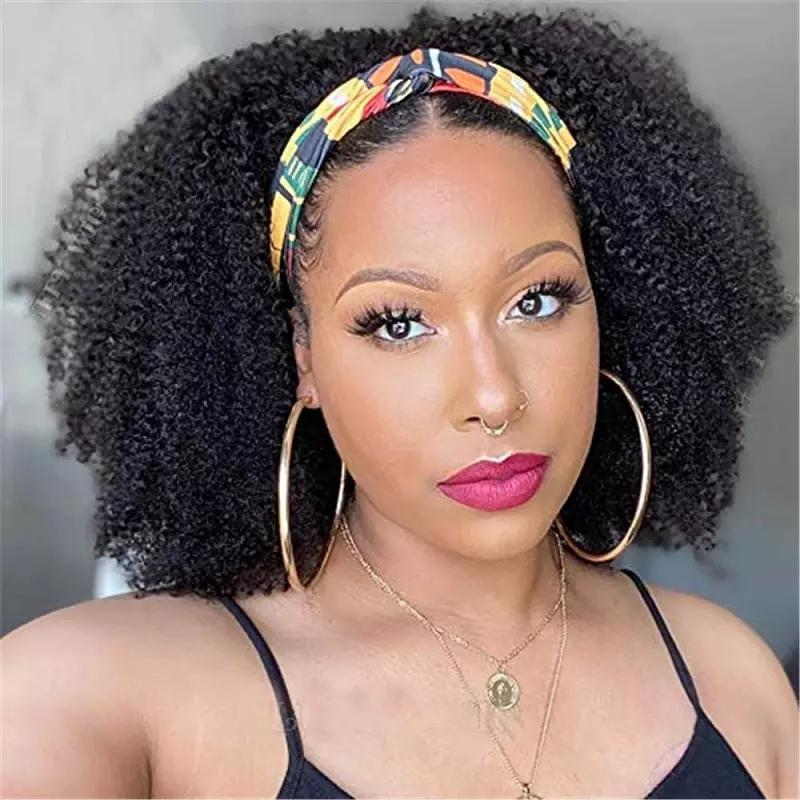 Cerise Alfie Afro Kinky Curly Headband Wig made of human hair, styled with a natural kinky curl pattern, easy to wear without glue.