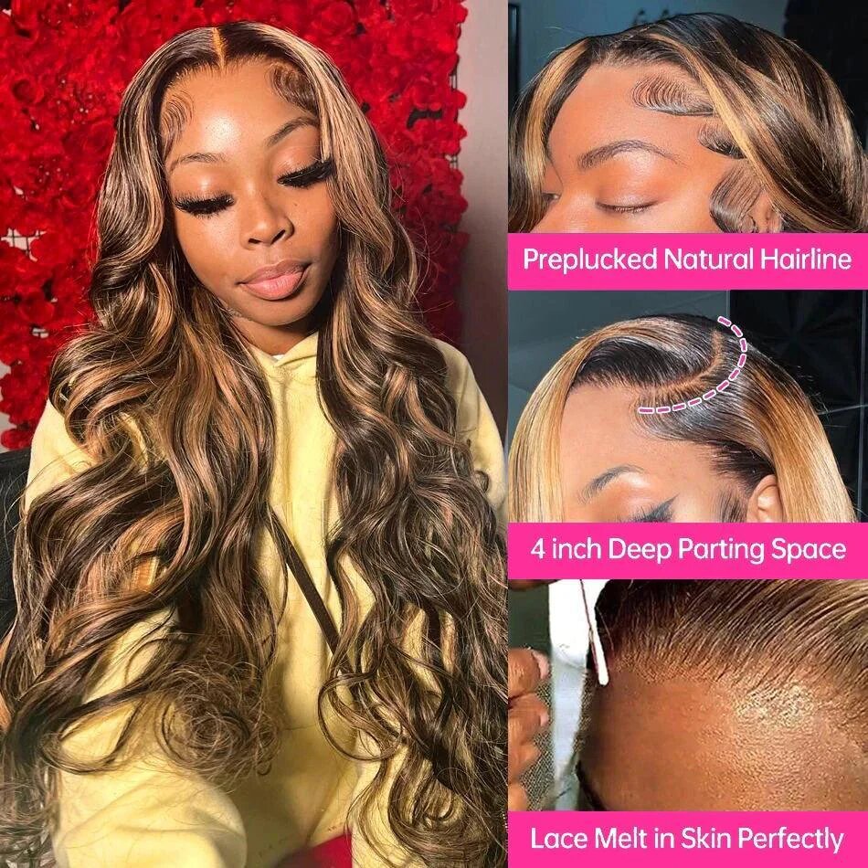 Pear Daisy 13x4 lace frontal human hair wig with P4 27 body wave, natural density, showcasing the wig’s lace front and wavy texture.