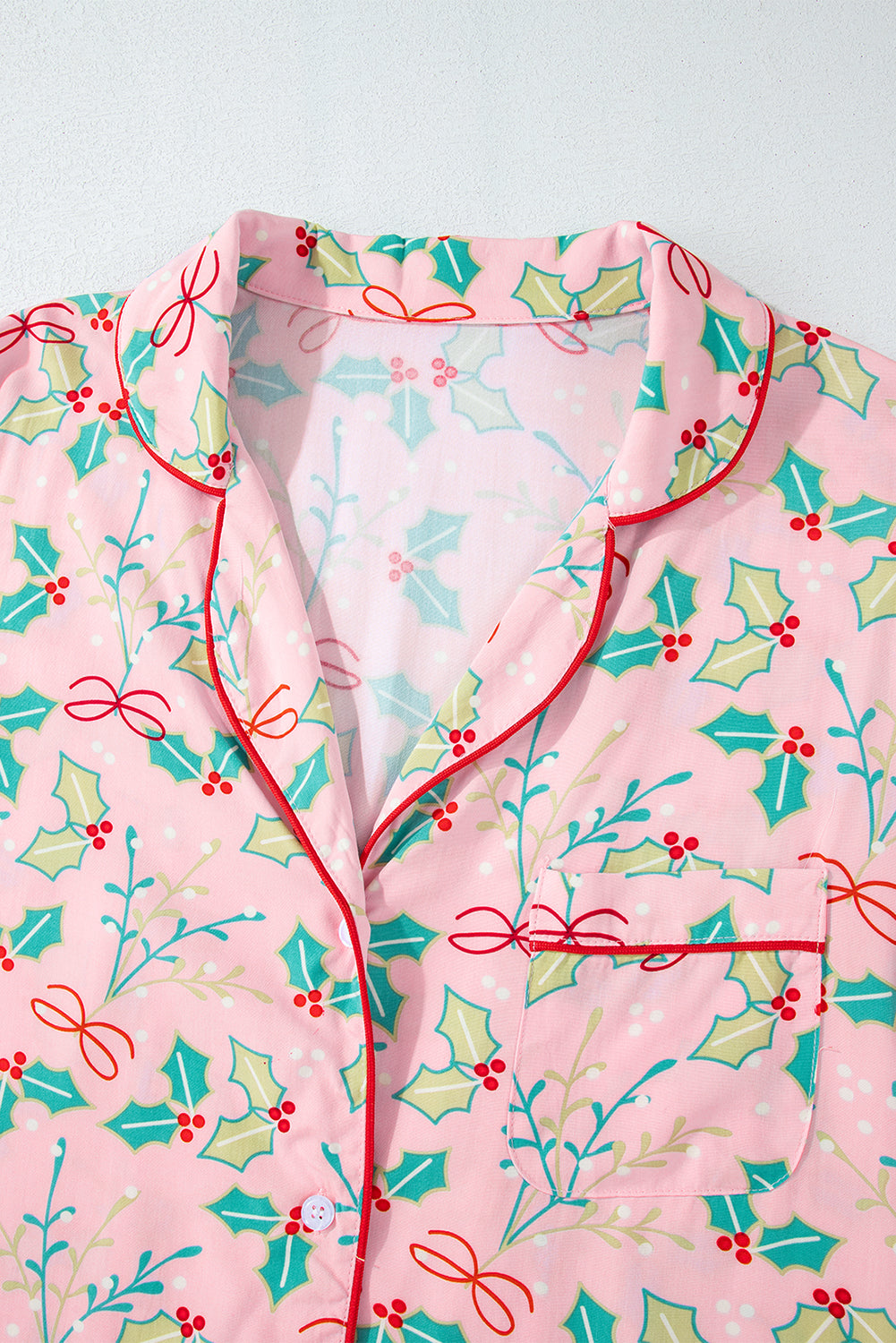 Byzantium Bay Christmas Holly top and shorts pajama set, festive matching sleepwear with holiday holly print on soft fabric.