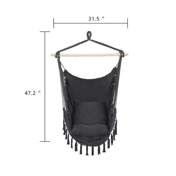 Gray boho hanging chair with fringe and cushions from Carmine Juneberry, showcasing comfortable furniture for relaxing indoor or outdoor spaces.